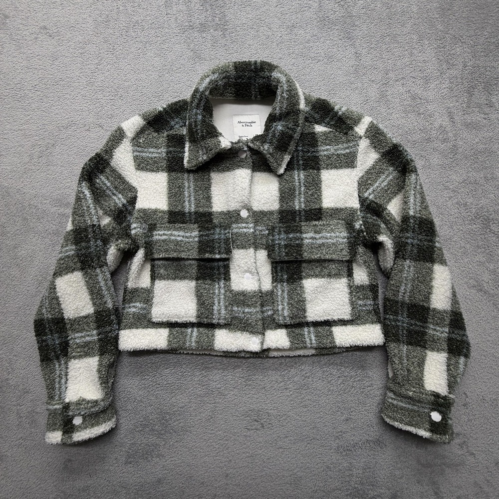Abercrombie &‎ Fitch Jacket Womens XS Green Plaid Sherpa Fleece Cropped Coat